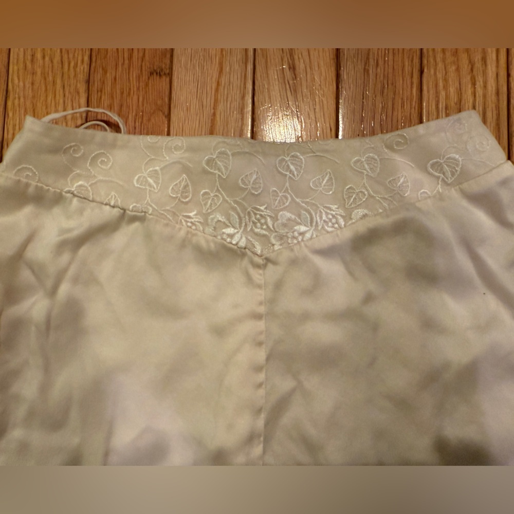 Elegant Cream Silk pajama pants with Embroidered dainty mesh lace Waistband